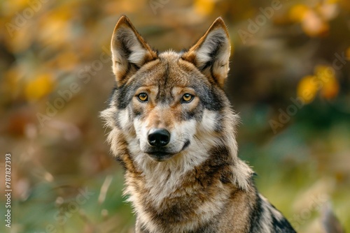 Close-up portrait of a wolf in the autumn forest, Animal portrait