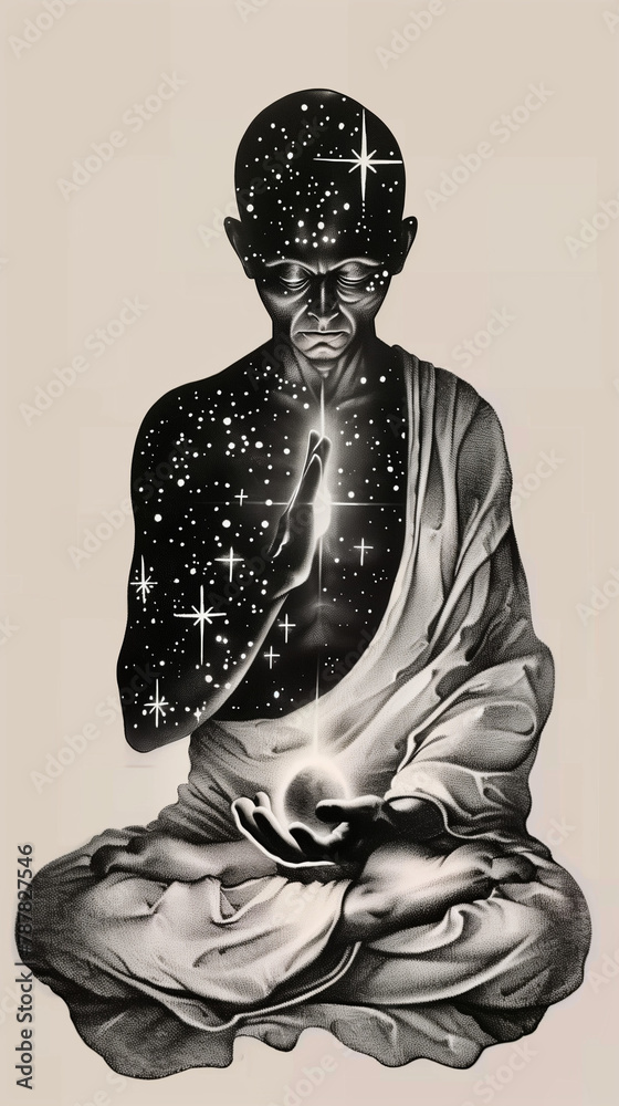 A silhouette of a monk meditating is depicted, with half of the silhouette revealing a cosmic scene with galaxies and stars, while the other half is covered with traditional monk attire. A silhouette of a monk meditating is depicted, with half of the silhouette revealing a cosmic scene with galaxies and stars, while the other half is covered with traditional monk attire.