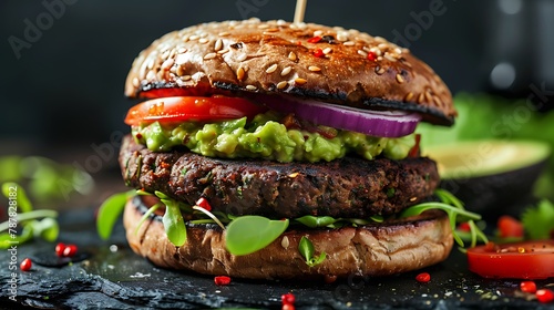 Healthy veggie burger with vegan pattie guacamole onion and sprout photo