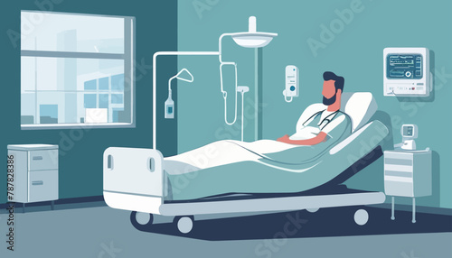 Minimalist Doodle of a Hospitalized Patient: Sick Man in a Hospital Ward