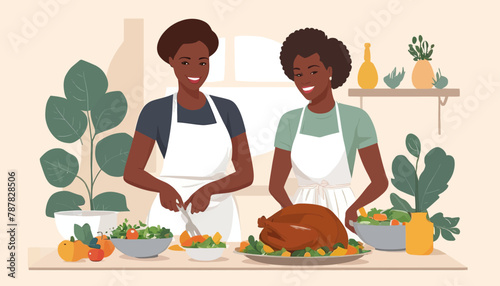 Minimalist Doodle of a Mother-Daughter Cooking Scene: African American Woman and Her Daughter
