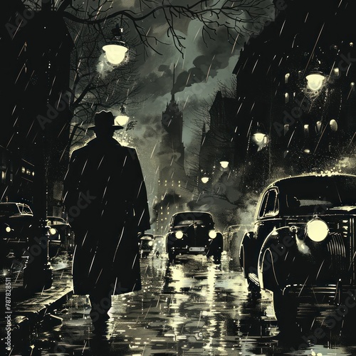 A man is walking down a street in the rain, with cars