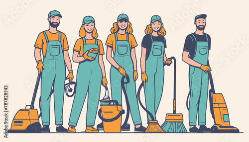 Doodle Art of a Team of Happy Employees in a Cleaning Service
