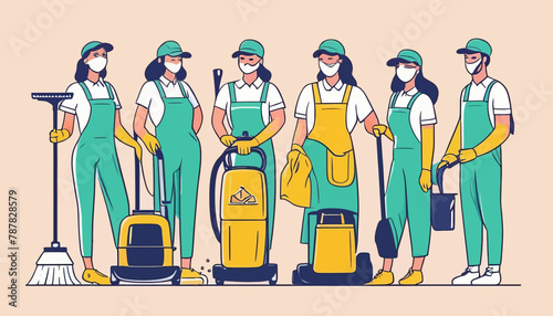 Cleaning Service Concept: Doodle Art of a Team of Happy Employees