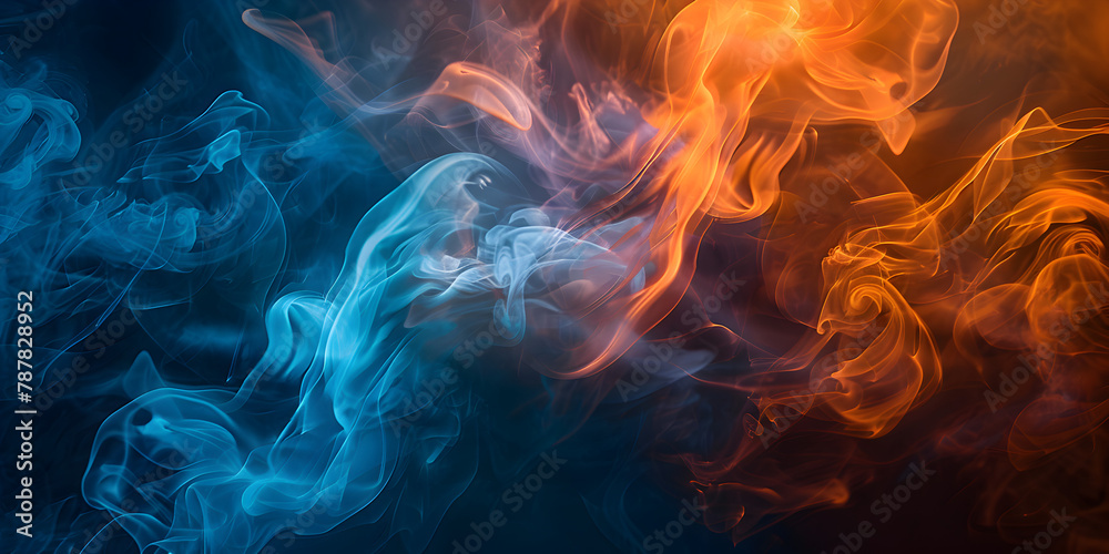 Capturing the mesmerizing dance of color full smoke on black background , with a striking interplay of blue and orange hues for Digital Art background and wallpaper, Fire, Flames, Studio shot  