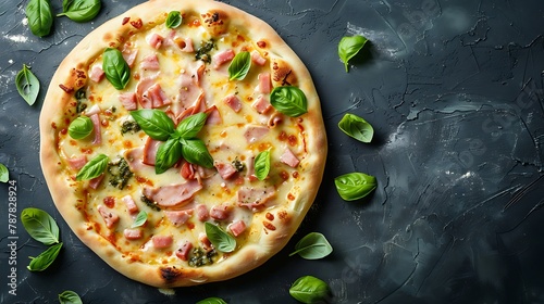 Homemade pizza carbonara with ham and basil leaves on a dark background