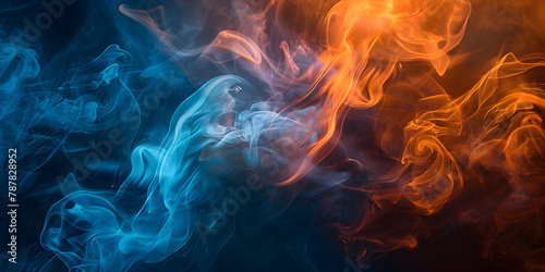 Capturing the mesmerizing dance of color full smoke on black background , with a striking interplay of blue and orange hues for Digital Art background and wallpaper, Fire, Flames, Studio shot 