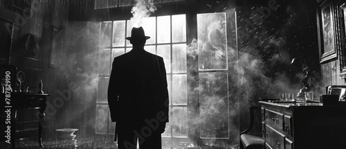 A man in a hat stands in a room with smoke and a window