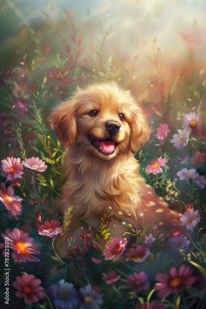A cute golden retriever surrounded by flowers