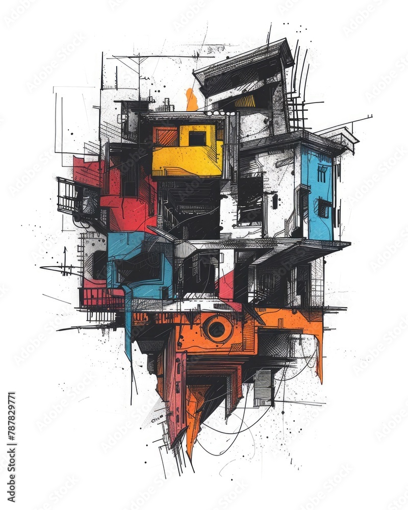 Abstract architectural illustration of random stacked houses! 🏠🎨 Flat design meets artistic expression in this intriguing artwork. #UrbanArt