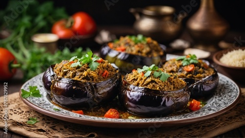 Badimjan dolmasi Stuffed eggplant with a mixture of meat, rice, and herbs.  photo