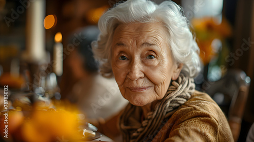 Portrait of a senior woman during Thanksgiving dinner with her family, showing love, togetherness, and tradition.