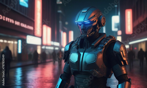RoboCop is on duty to protect public order on the streets of the evening city. photo