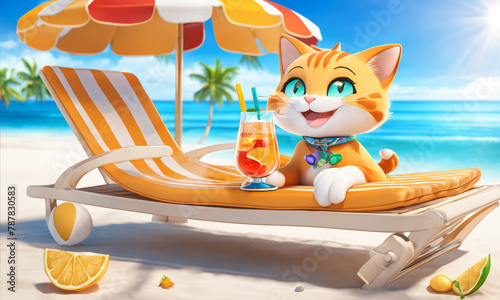 A smiling cat basks in the sun on the beach.