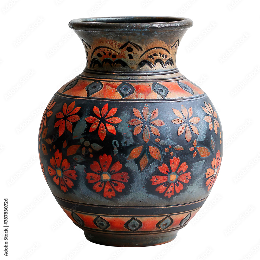 Front view of earthen folklore-inspired vase isolated on a white transparent background