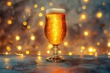 Glass of beer with bokeh lights on background,  Christmas and New Year concept