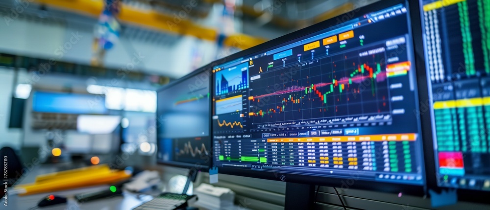 Stock market analysis on monitor, live stock quotes and charts. Use stock market monitor image for blog post on investment strategies.