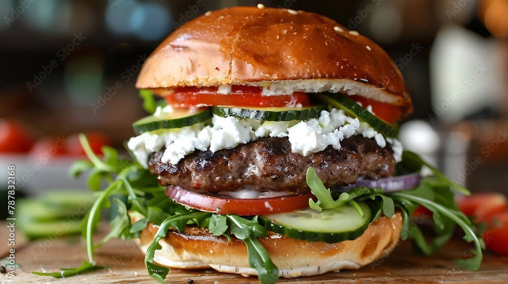 Lamb greek burger with arugula cucumber tomatoes feta and tzatziki sauce Lamb greek burger with arugula cucumber tomatoes feta and tzatziki sauce