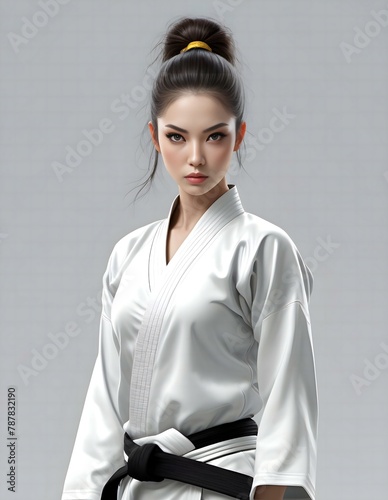 Beautiful asian woman in kimono with black belt on gray background