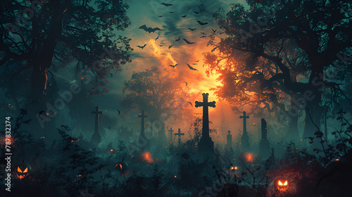 Spooky Halloween in the haunted forest graveyard, generative Ai photo