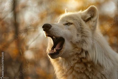 Portrait of a white wolf in the autumn forest   Wild animal
