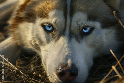 Siberian husky dog with blue eyes   Close-up