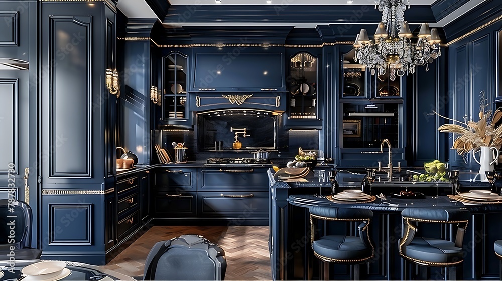 Luxury kitchen corner design with dark blue wall
