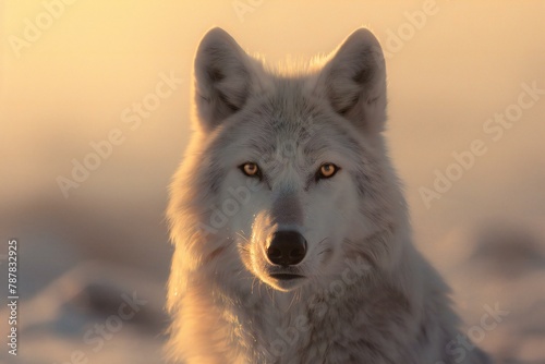 Portrait of a white wolf in the winter sunset   Animal portrait