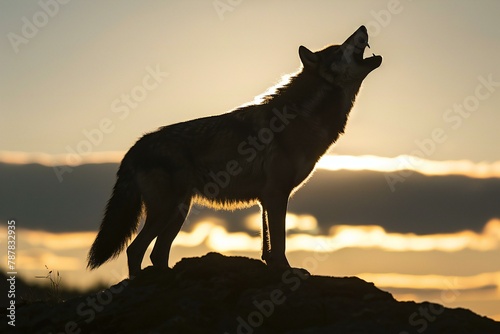 Silhouette of a wolf  Canis lupus  at sunset