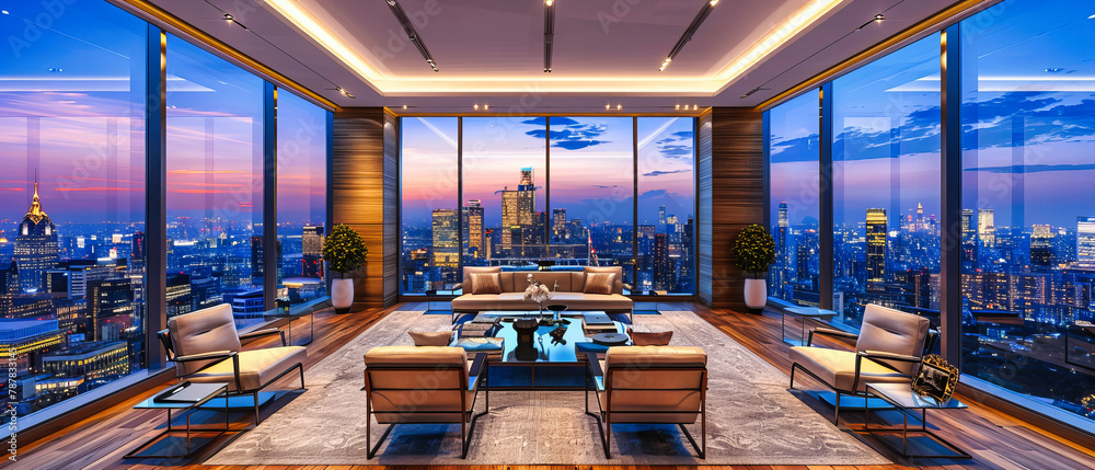 Chic Urban Apartment with Cityscape View at Night, Modern Decor and Luxurious Living Space Chic Urban Apartment with Cityscape View at Night, Modern Decor and Luxurious Living Space