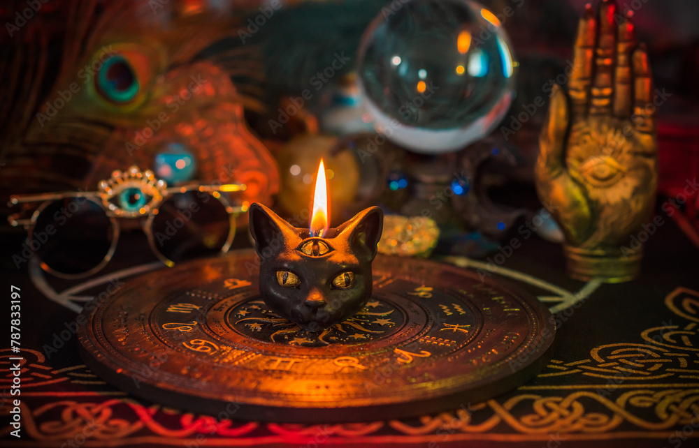Astrology and esoteric stuff on a table. Cleaning negative energy away from you. Witchcraft illustration Astrology and esoteric stuff on a table. Cleaning negative energy away from you. Witchcraft illustration