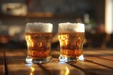 Two glasses of beer on a wooden table in a pub,  Close-up