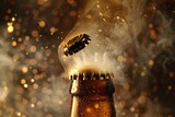 Close-up of a bottle of beer with smoke coming out