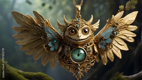 A gold necklace with detailed eyes  wings  and a humorous smile changed into a charming creature. The monster is perched in the middle of a mystical woodland on a thin finger.