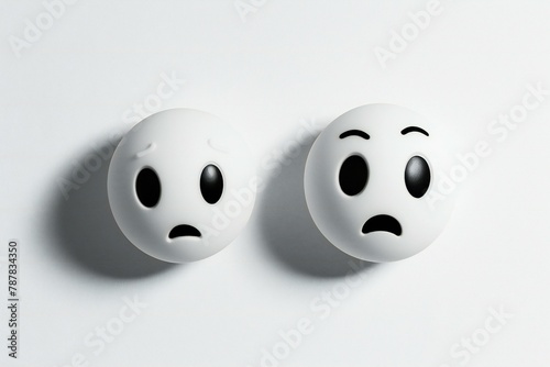 Funny white emoticons with emotions on white background, top view