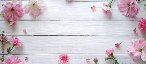 Arrangement of flowers. Pink flowers displayed on a white wooden surface. Suitable for Valentine's Day. Overhead view with blank space for text.