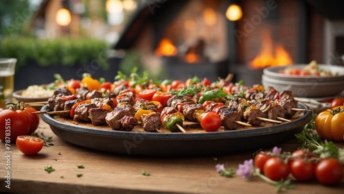 Kebab Tava Grilled meat skewers served with vegetables and a tomato-based sauce