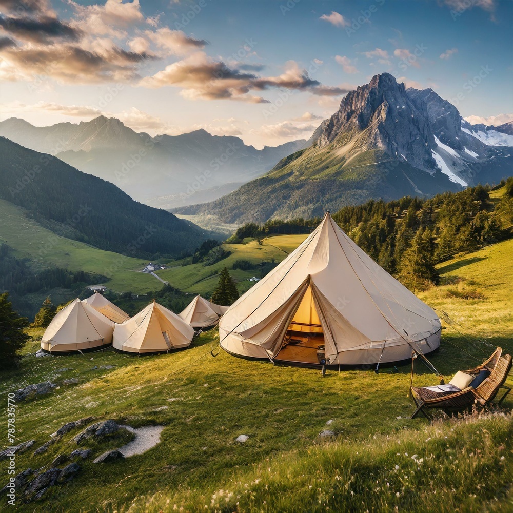 camping in the mountains,camping in the mountains with stylish glamping tents dotting the picturesque countryside, offering a blend of luxury and nature for a truly memorable outdoor retreat.