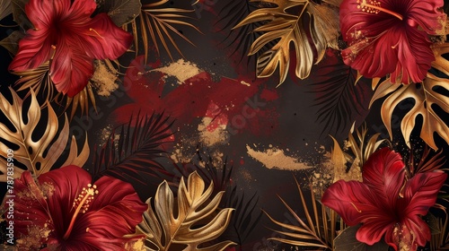 Black gold leaves on a maroon background. Beautiful botanical design with tropic jungle leaves and exotic red hibiscus flowers. Wedding invitation card  holiday offer.