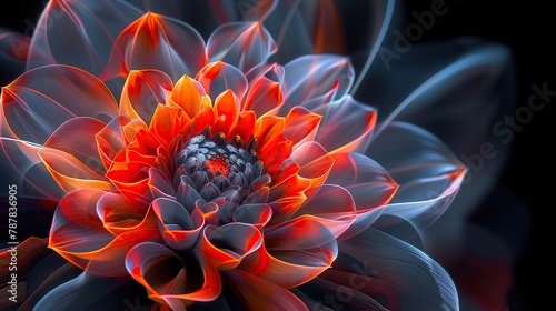 Dahlia petals displaying digital designs, elevated by nanotech on a deep black background, HD, 4K