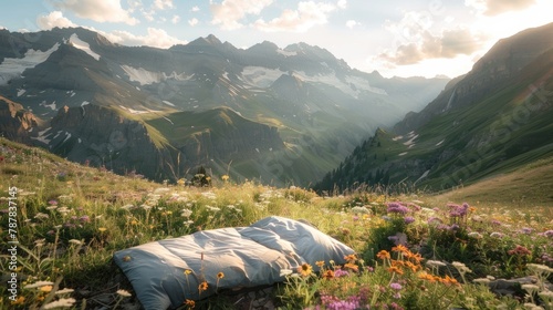 A lightweight camping bed set up on a high mountain trail, surrounded by alpine grass and wildflowers photo