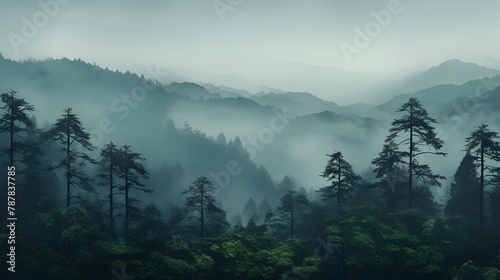 Misty foggy forest illustration nature trees woodland landscape dreamy background
 photo