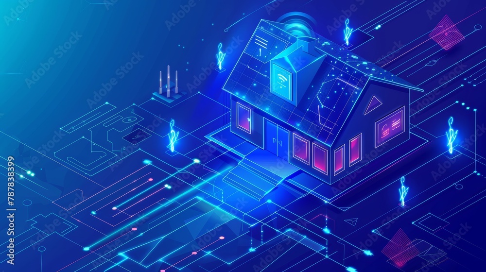 Internet of things technology concept. Modern landing page of house control system with lightning icon on blue background. - obrazy, fototapety, plakaty 