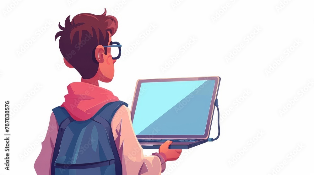 Modern cartoon illustration of a teenager using a mobile device application. Man holds laptop with shiny blue screen in hands. Ads for mobile device apps. Man holding laptop with shiny blue screen in Modern cartoon illustration of a teenager using a mobile device application. Man holds laptop with shiny blue screen in hands. Ads for mobile device apps. Man holding laptop with shiny blue screen in
