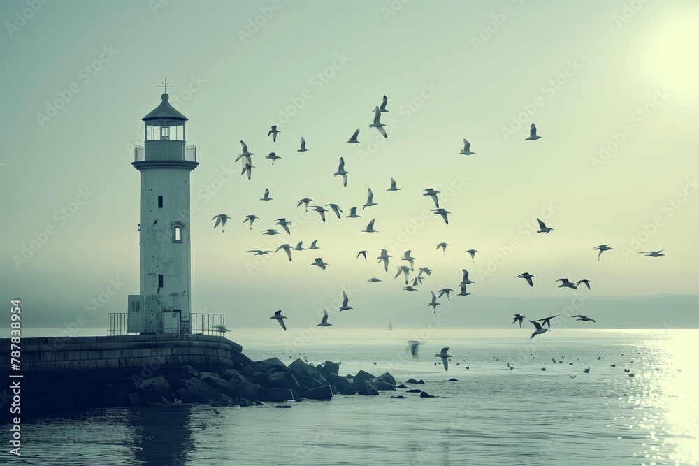 Lighthouse at sunset and birds flying around it
