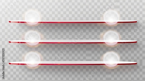 Empty shelves with blank round plastic price tags isolated on transparent background of a supermarket, shop or exhibition with LED lighting and red wobblers.