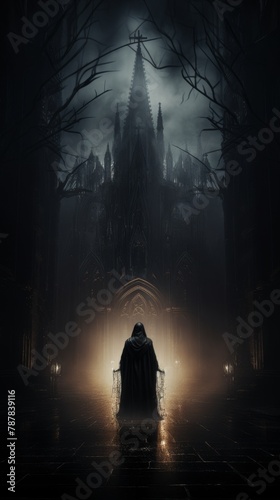 Gothic Cathedral, Haunting Ghost, Eerie Ambiance, floating in dim light