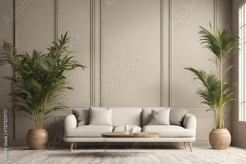 Mock up interior with sofa and palms 3d render