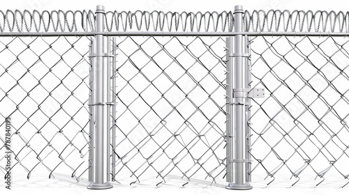 Stainless steel fencing with metal steel poles, rabitz isolated on white background. 3D realistic modern illustration.