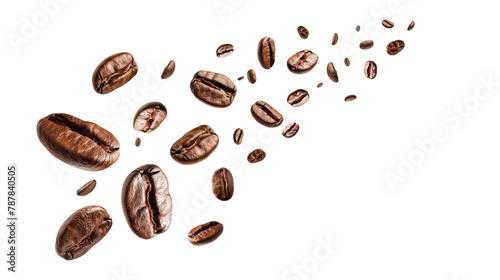 Flying or falling roasted brown caffeine coffee beans in the air isolated on a transparent (PNG) or white background. Arabian or aroma beans for hot drinks for cafe advertising, package design.